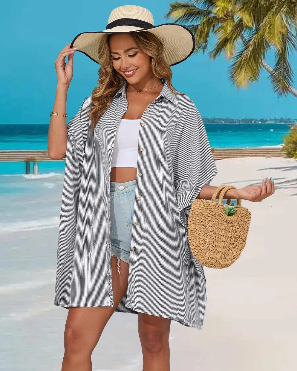 Bsubseach Swimsuit Cover Up Shirt 3/4 Sleeve Beach Coverup Oversized Button Down Shirts Bikini Bathing Suit