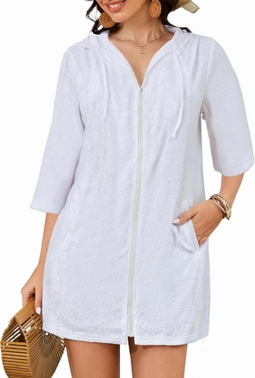 Bsubseach Terry Cloth Swim Coverup - Women Long Sleeve Hooded Swimsuit Coverup Zipper Beach Coverups Robes with Pockets