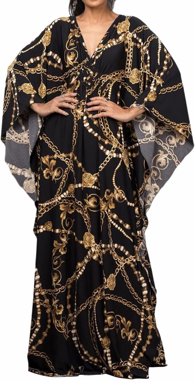 Bsubseach Women Ethnic Print Kaftan Beach Dress Plus Size Swimsuit Cover Up