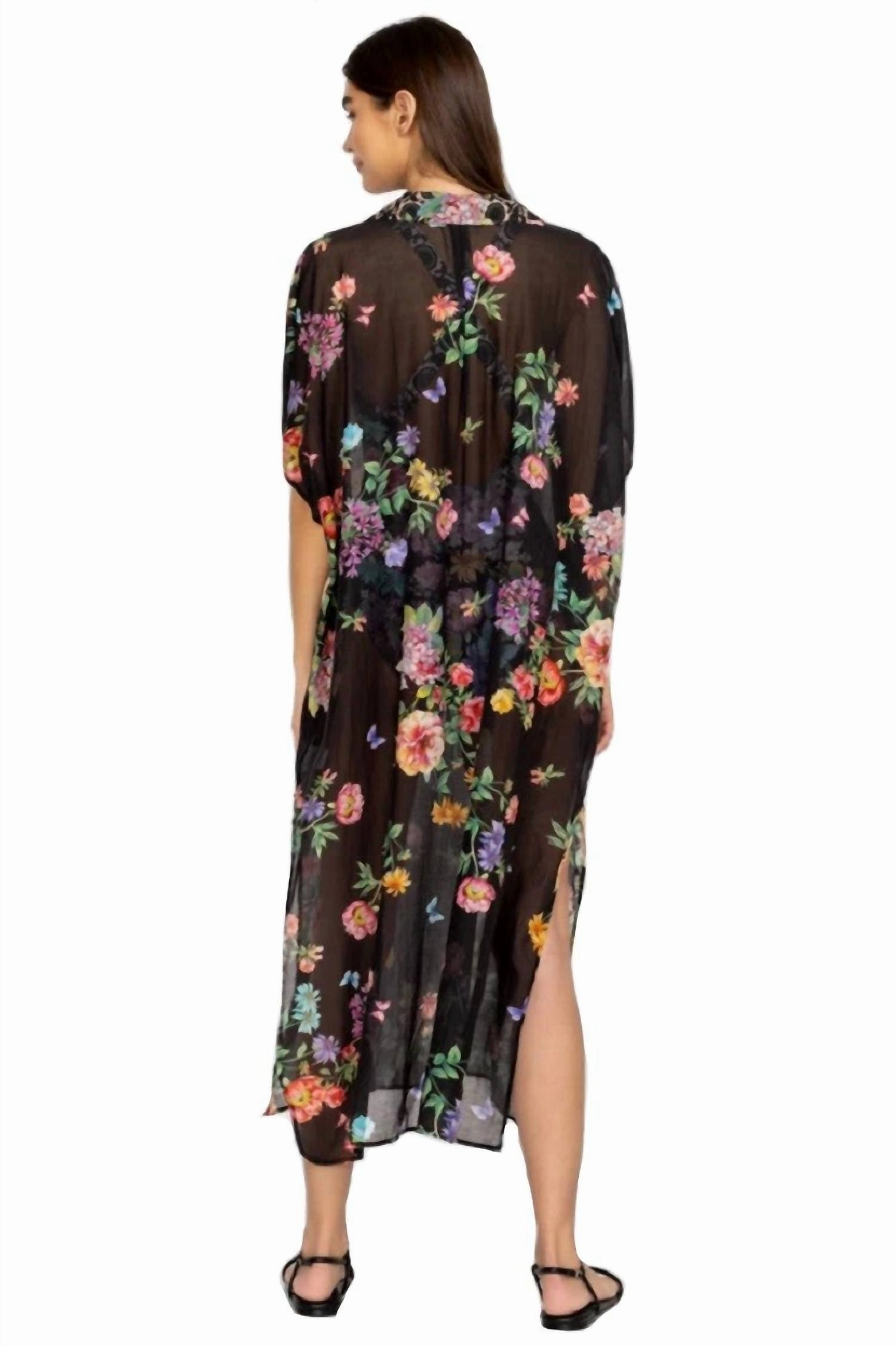 Butterfly Collared Kaftan Coverup In Black Multi