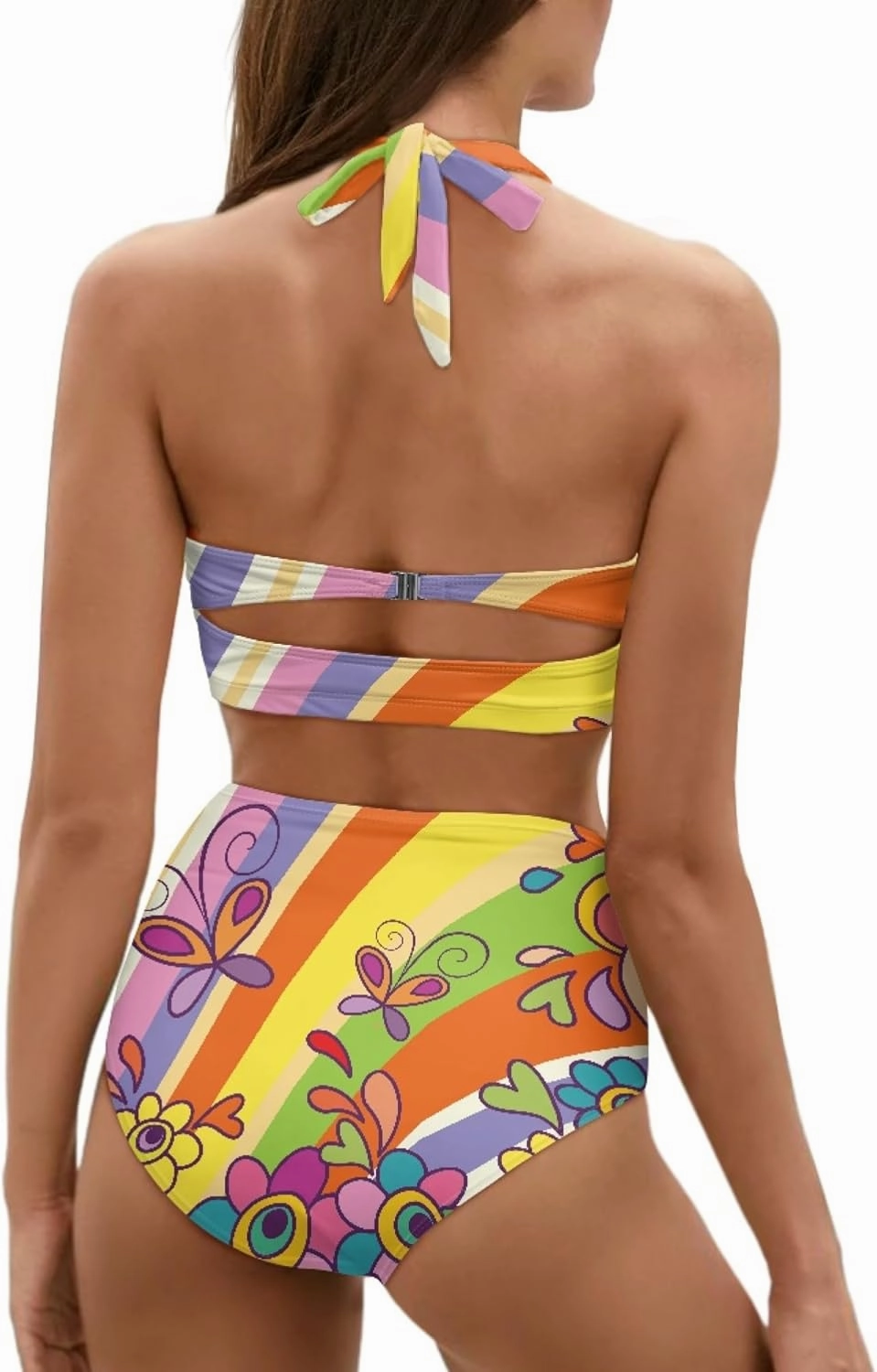 Butterfly Women's Retro Ruched Ruffle High Waist Bikini Set, Flag Tankini Swimsuits Tummy Control Swimwear