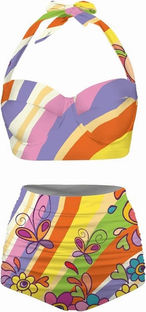 Butterfly Women's Retro Ruched Ruffle High Waist Bikini Set, Flag Tankini Swimsuits Tummy Control Swimwear