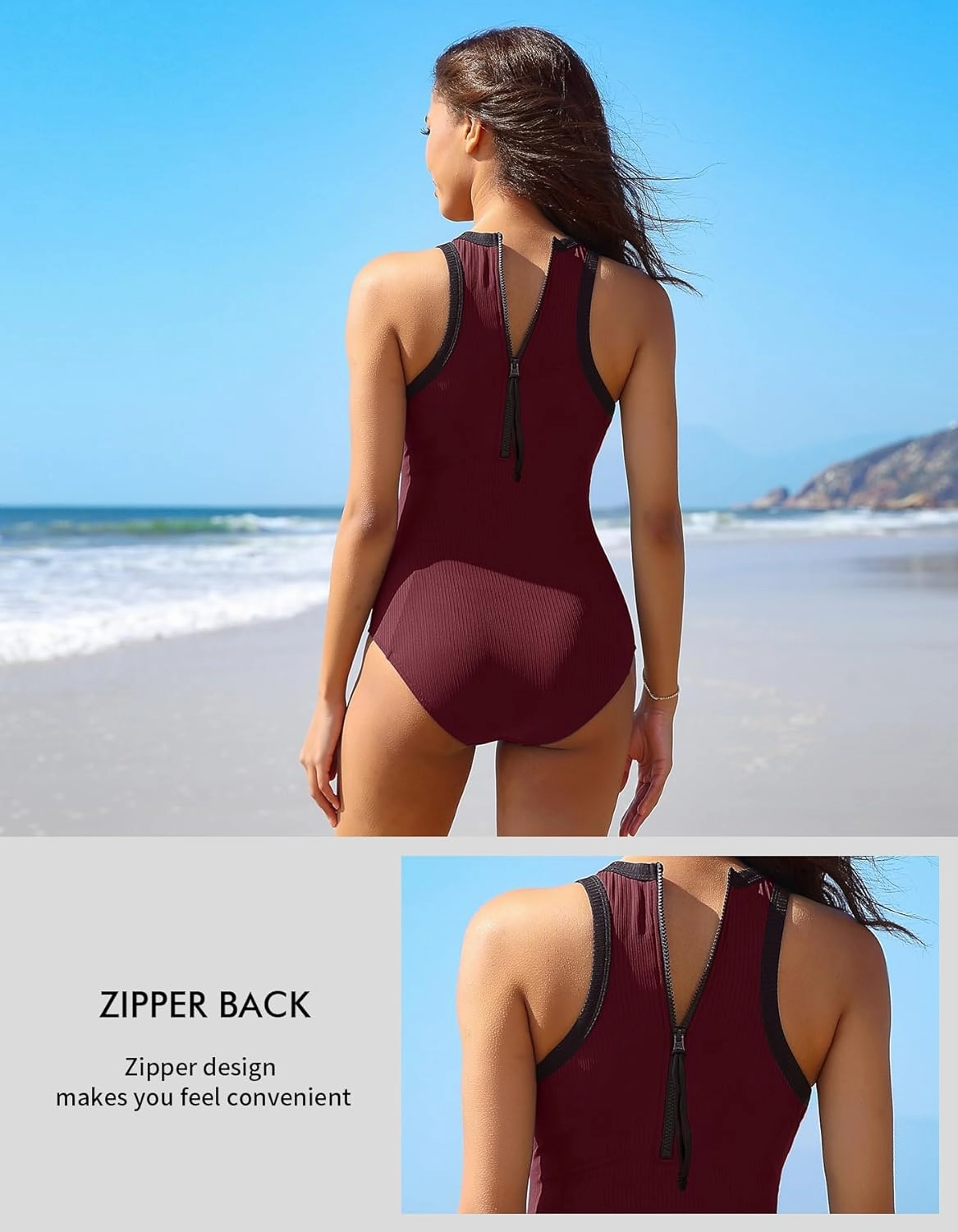 Charmo Women One Piece Swimsuit Zipper Back Ribbed Swimwear Sporty Racerback High Neck Bathing Suit