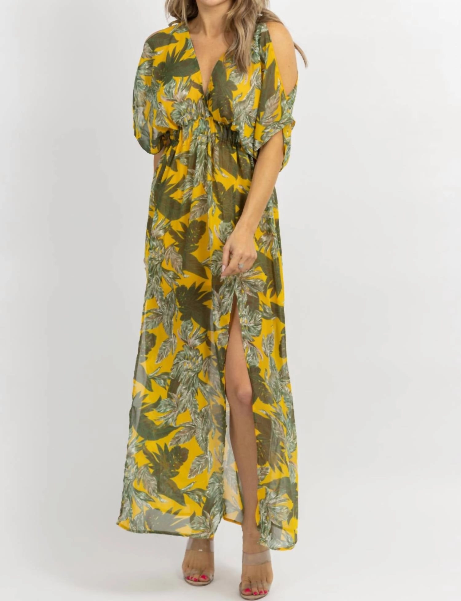 Cold Shoulder Maxi Dress In Yellow  Palm