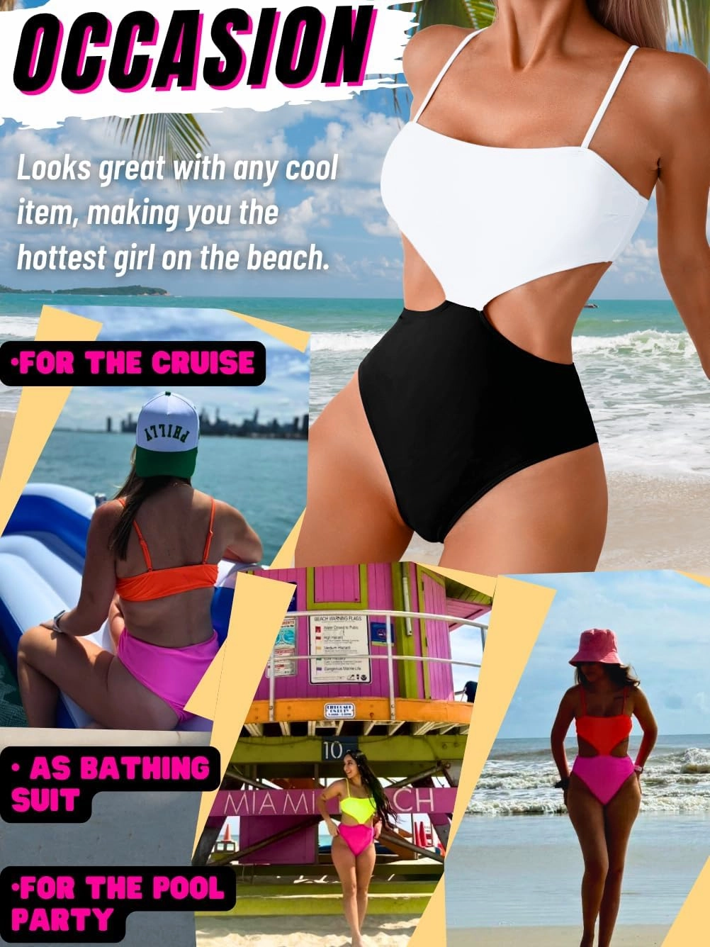 Color Block Swimsuit,Cut Out Sexy Monokini Women,Cheeky One Piece Swimsuits Beach Cruise Pool Party