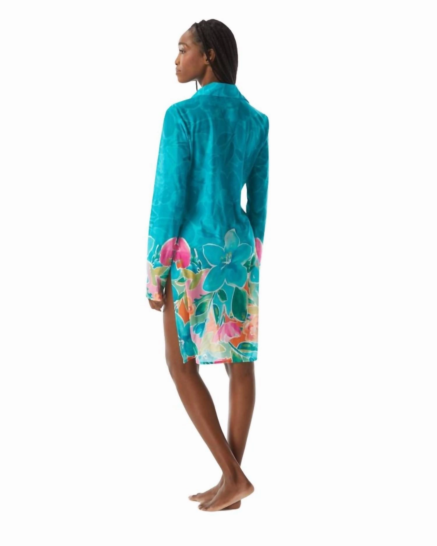 Convertible Front Tie Midi Shirt Cover Up In Capri Blue