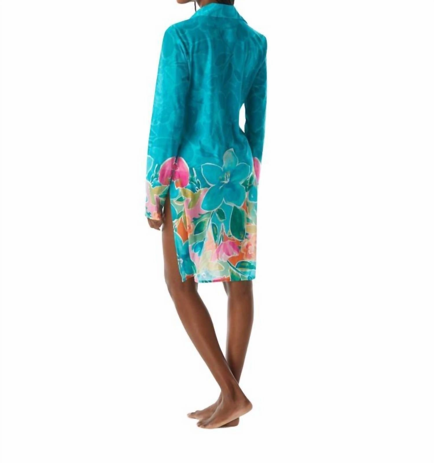 Convertible Front Tie Midi Shirt Cover Up In Capri Blue