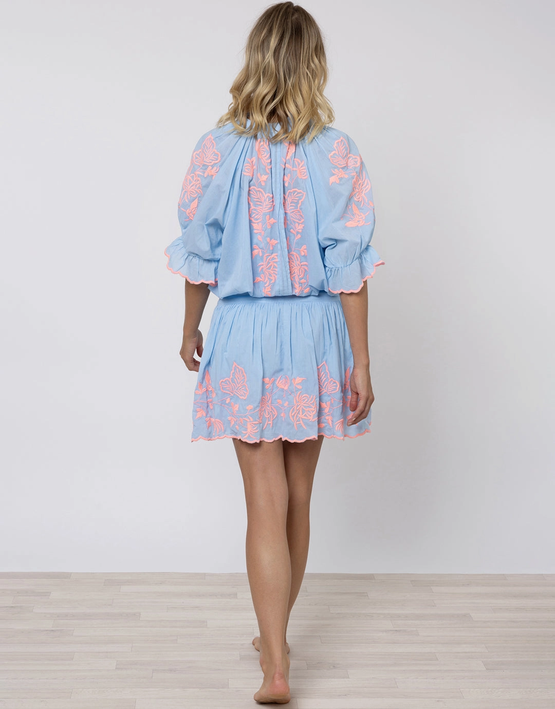 Cotton Blouson Dress with Butterfly Embroidery - Blue and Neon Pink
