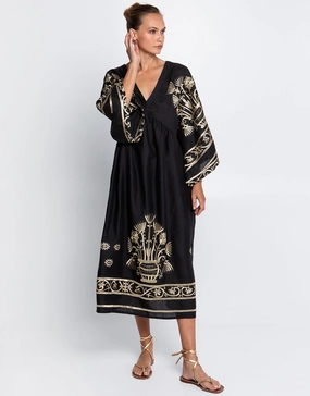 Crete V Neck Midi Kaftan - Black and Gold