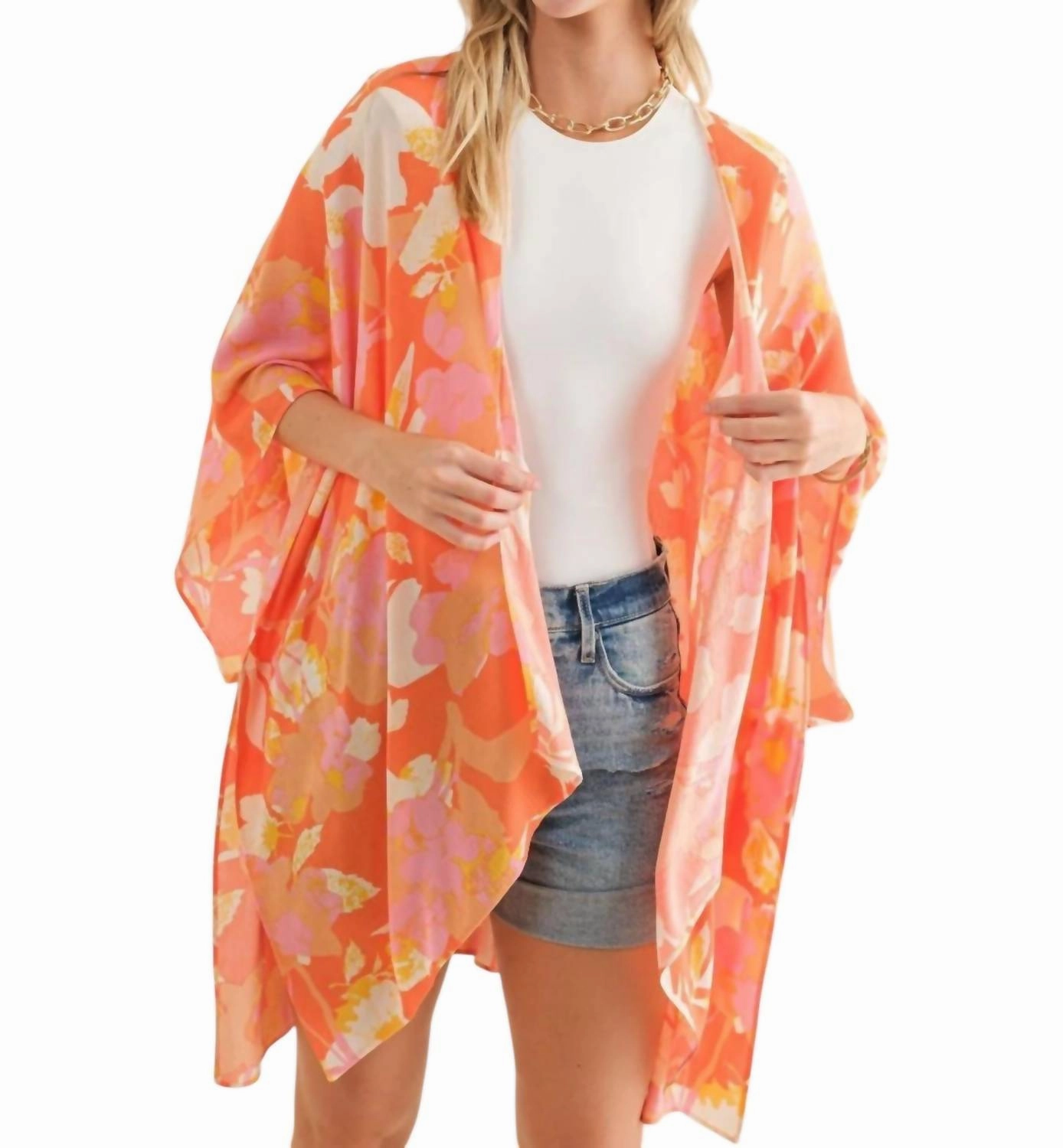 Crinkle Rayon Half Sleeve Kimomo In Orange