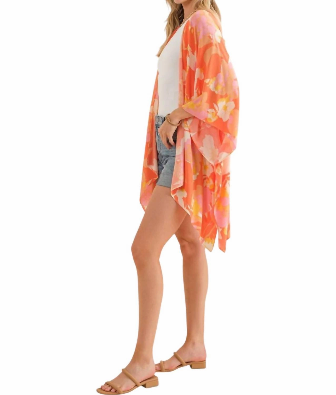 Crinkle Rayon Half Sleeve Kimomo In Orange