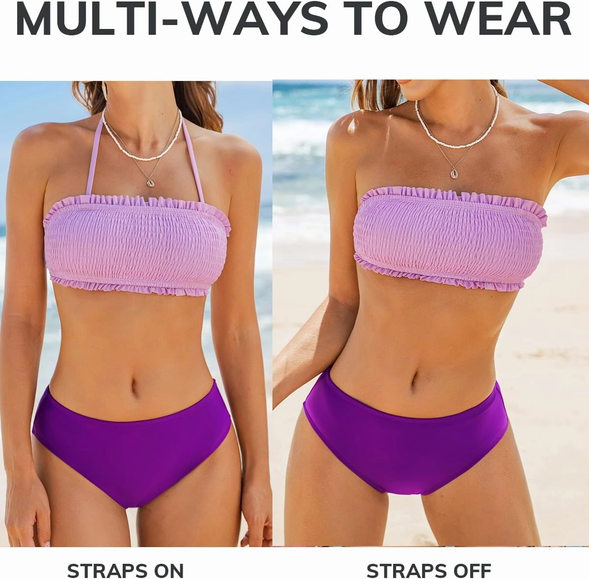 CUPSHE Bikini Set for Women Two Piece Swimsuit Bandeau Top Back Tie Mid Waisted Bottom with Removable Shoulder Straps