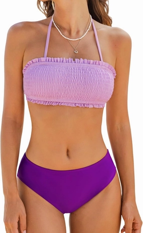 CUPSHE Bikini Set for Women Two Piece Swimsuit Bandeau Top Back Tie Mid Waisted Bottom with Removable Shoulder Straps