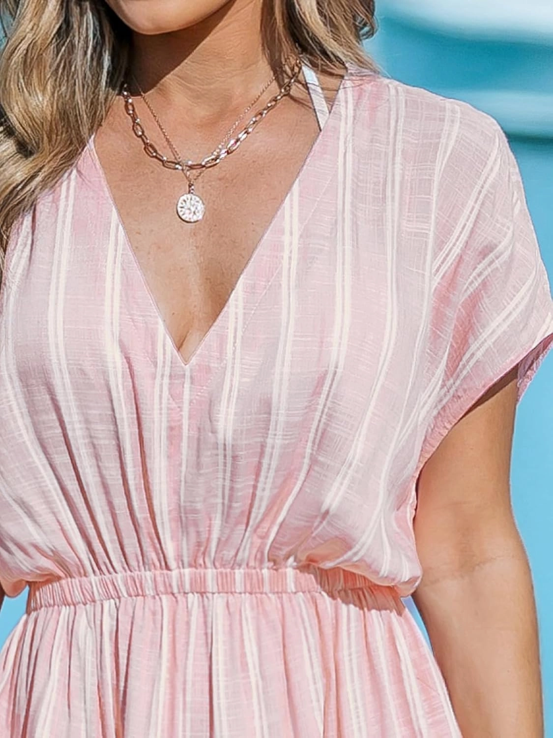 CUPSHE Women Beach Cover Up V Neck Short Sleeve Striped Midi Swimsuit Coverup Dress XS-XXL