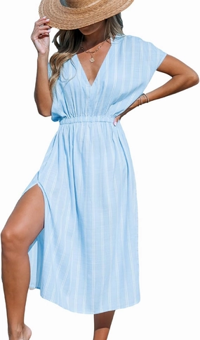 CUPSHE Women Beach Cover Up V Neck Short Sleeve Striped Midi Swimsuit Coverup Dress XS-XXL