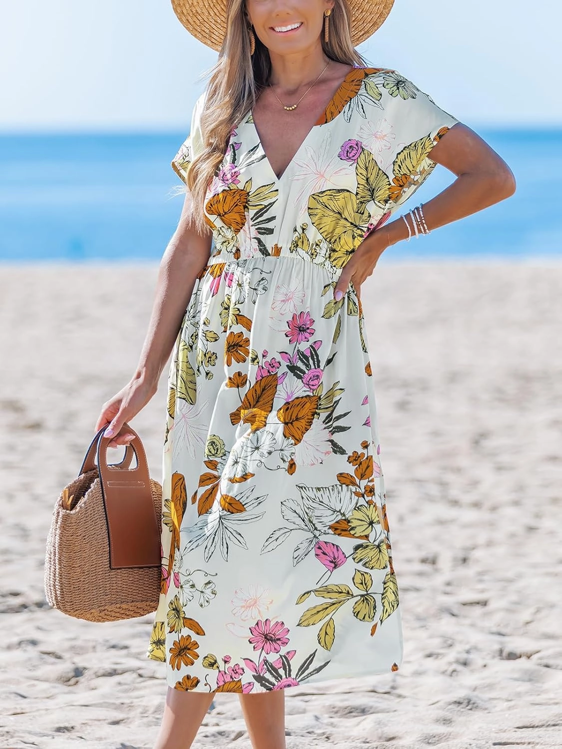 CUPSHE Women Beach Cover Up V Neck Short Sleeve Striped Midi Swimsuit Coverup Dress XS-XXL