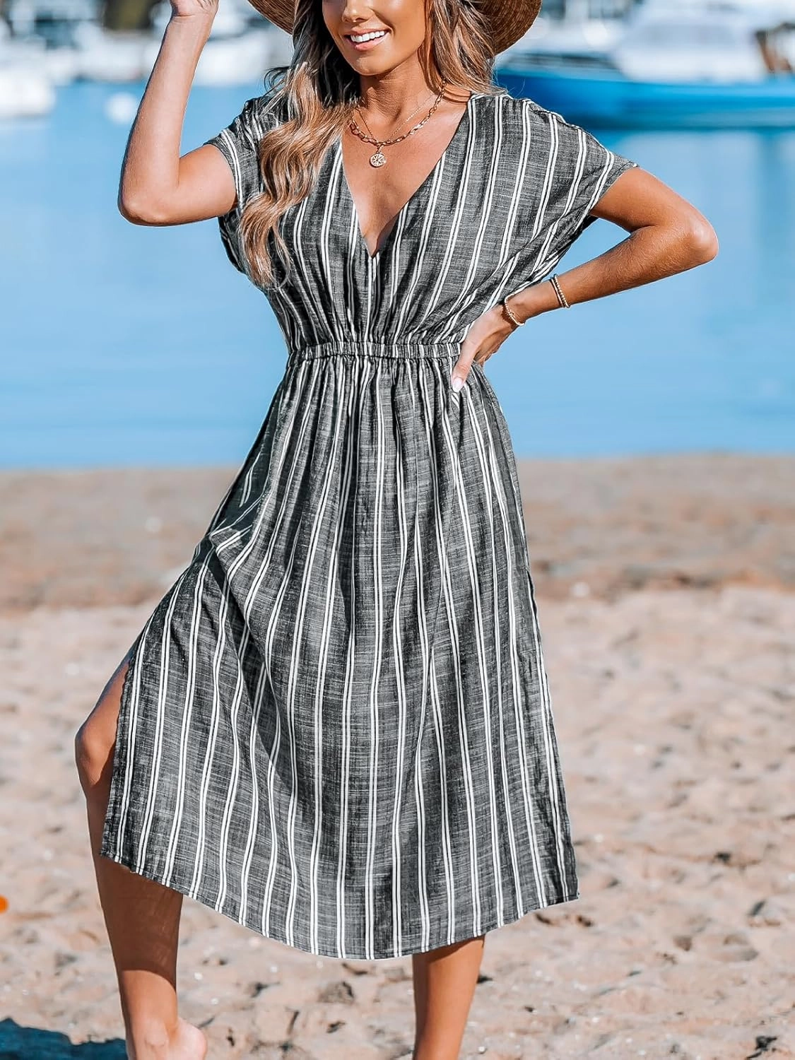 CUPSHE Women Beach Cover Up V Neck Short Sleeve Striped Midi Swimsuit Coverup Dress XS-XXL