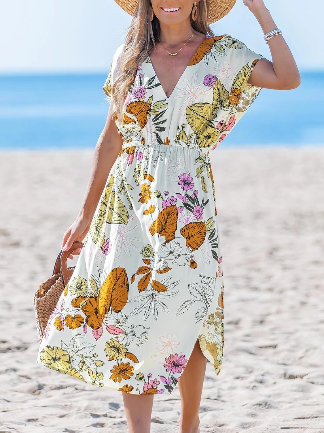 CUPSHE Women Beach Cover Up V Neck Short Sleeve Striped Midi Swimsuit Coverup Dress XS-XXL
