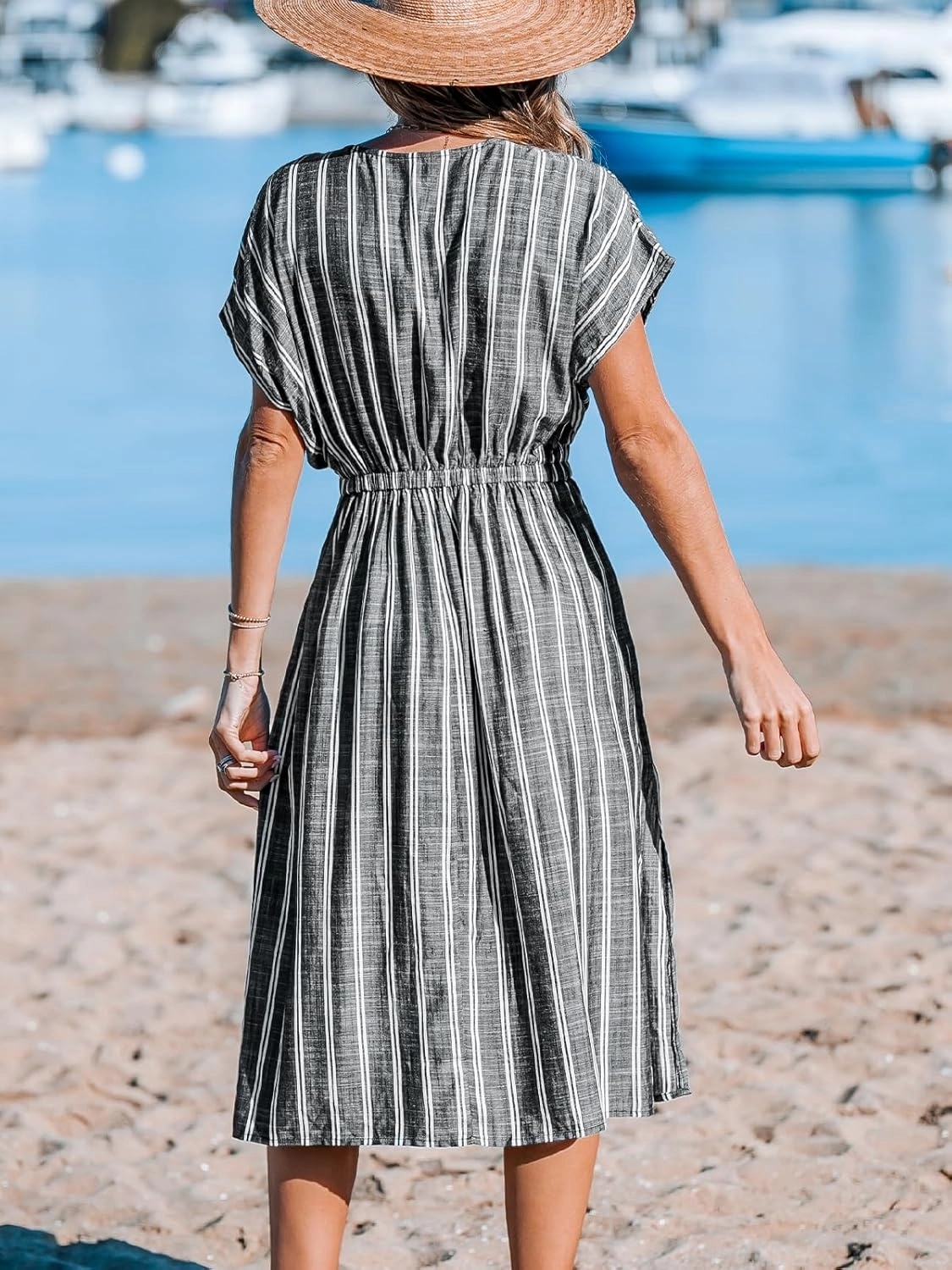 CUPSHE Women Beach Cover Up V Neck Short Sleeve Striped Midi Swimsuit Coverup Dress XS-XXL