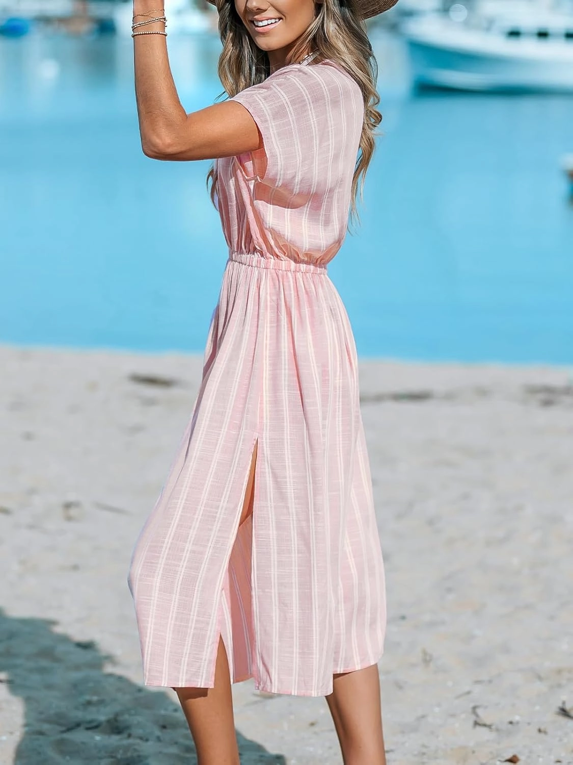 CUPSHE Women Beach Cover Up V Neck Short Sleeve Striped Midi Swimsuit Coverup Dress XS-XXL