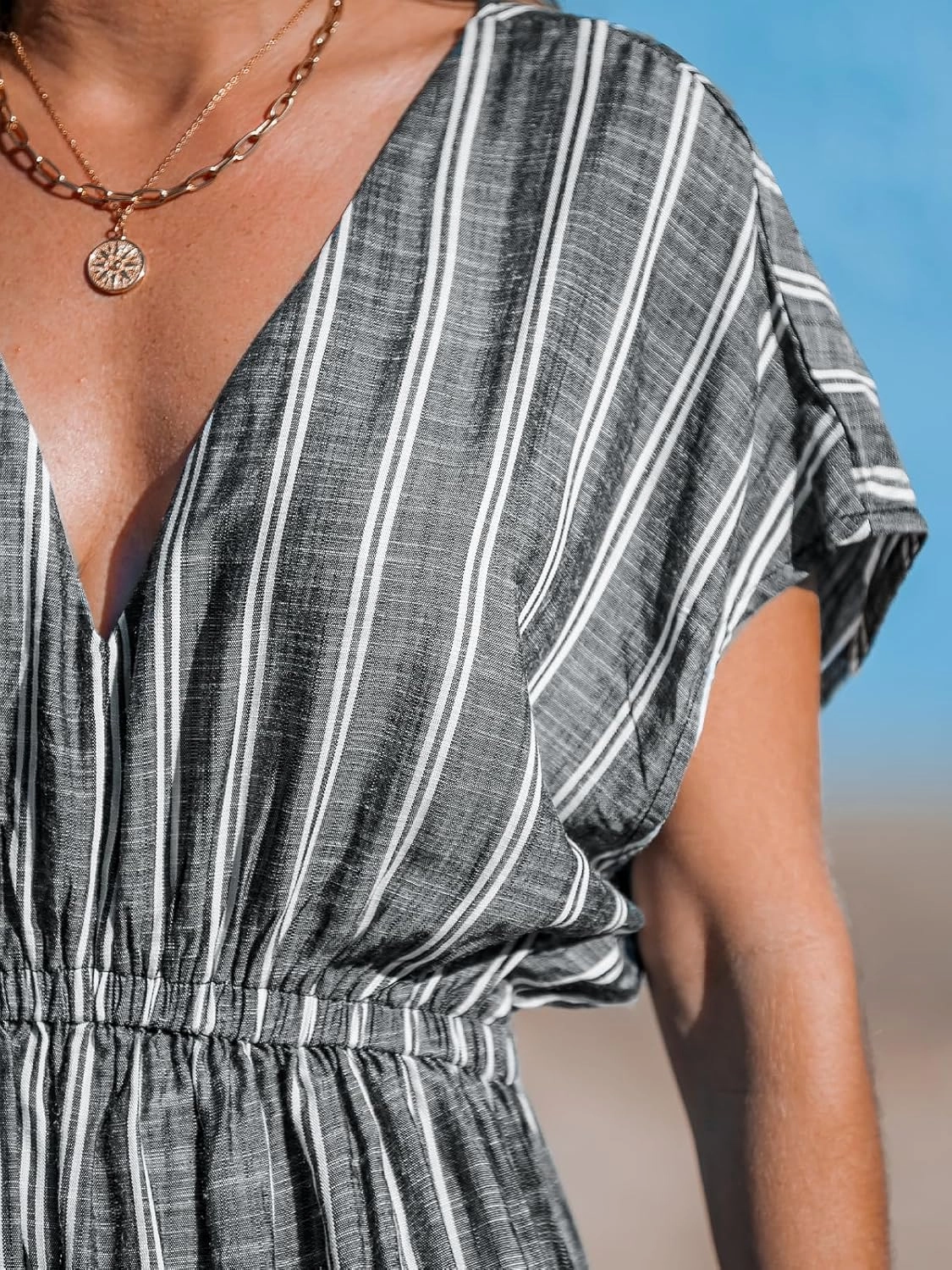 CUPSHE Women Beach Cover Up V Neck Short Sleeve Striped Midi Swimsuit Coverup Dress XS-XXL