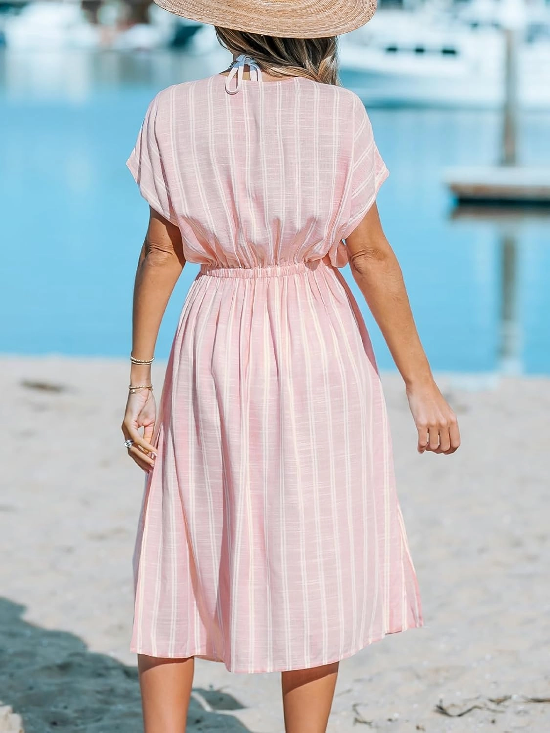 CUPSHE Women Beach Cover Up V Neck Short Sleeve Striped Midi Swimsuit Coverup Dress XS-XXL