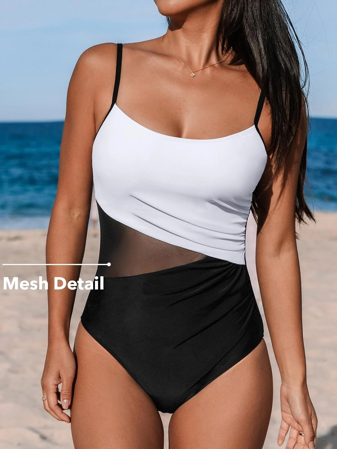 CUPSHE Women's One Piece Swimsuit Bathing Suit Scoop Neck Cutout Back Hook Color Block Mesh Swimwear