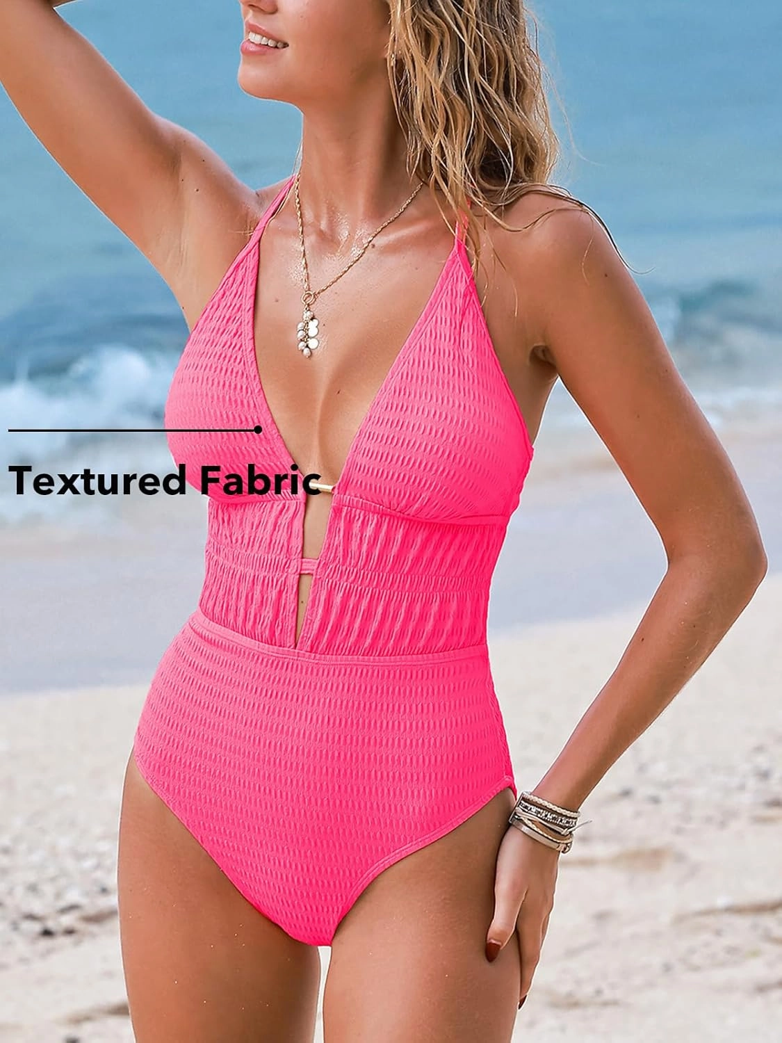 CUPSHE Women's One Piece Swimsuit Plunging Neck Cutouts Bathing Suit Textured Ruched Crisscross Back Self Tie Swimwear
