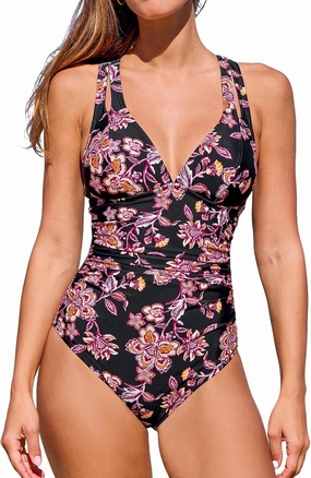 CUPSHE Women's One Piece Swimsuit Tummy Control Deep V Neck Double Straps Crisscross Back Tie Bathing Suit