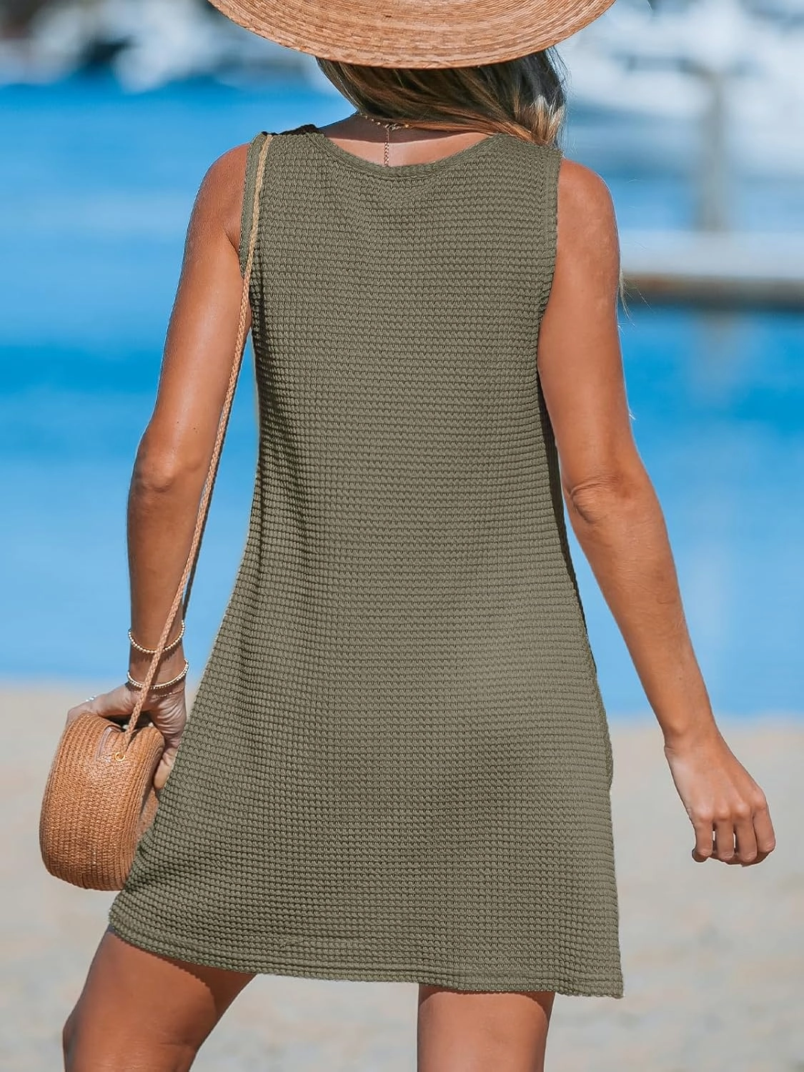 CUPSHE Women's Sleeveless Swimsuit Coverup Waffle Knit Swimwear Beach Cover Ups Twisted Mini Dress
