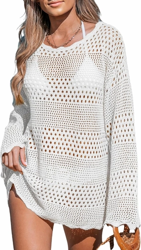 CUPSHE Women's Swimsuit Cover Up Crochet Bathing Suit Mesh Swimwear Knit Pullover Beach Dress