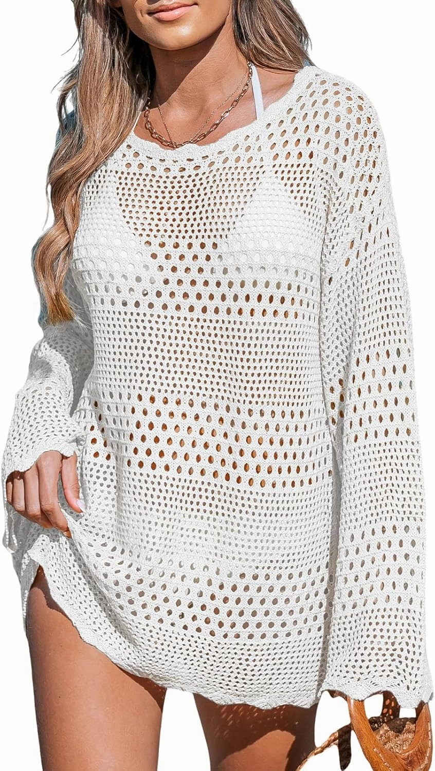 CUPSHE Women's Swimsuit Cover Up Crochet Bathing Suit Mesh Swimwear Knit Pullover Beach Dress