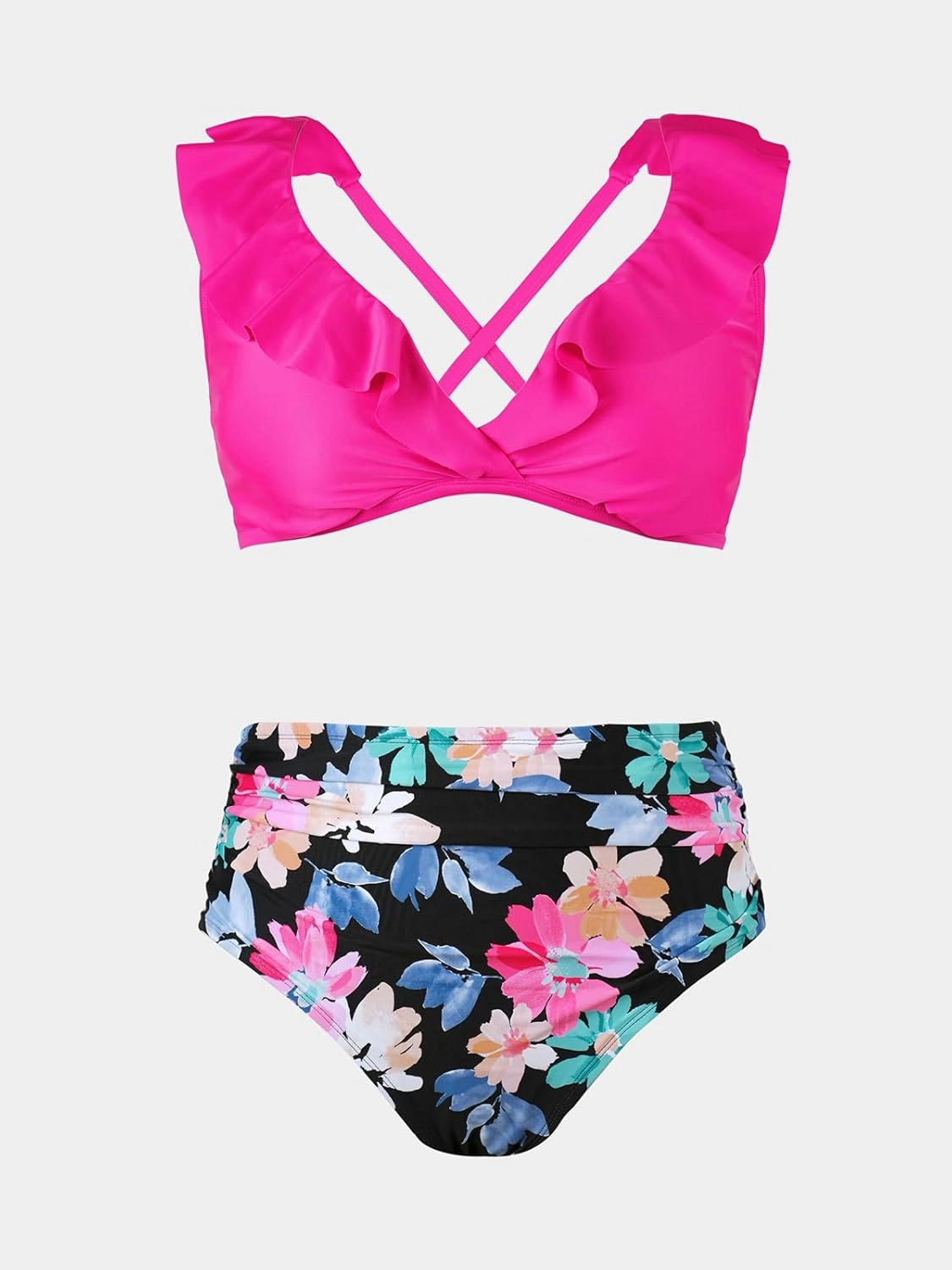 CUPSHE Women Swimsuit Plus Size Bikini Set High Waisted Ruffled Front Self Tie Back Ruched Bathing Suit