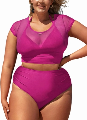 CUPSHE Women Swimsuit Plus Size Bikini Set Three Piece High Waisted Sheer Mesh Top Halter Ruched Bottom