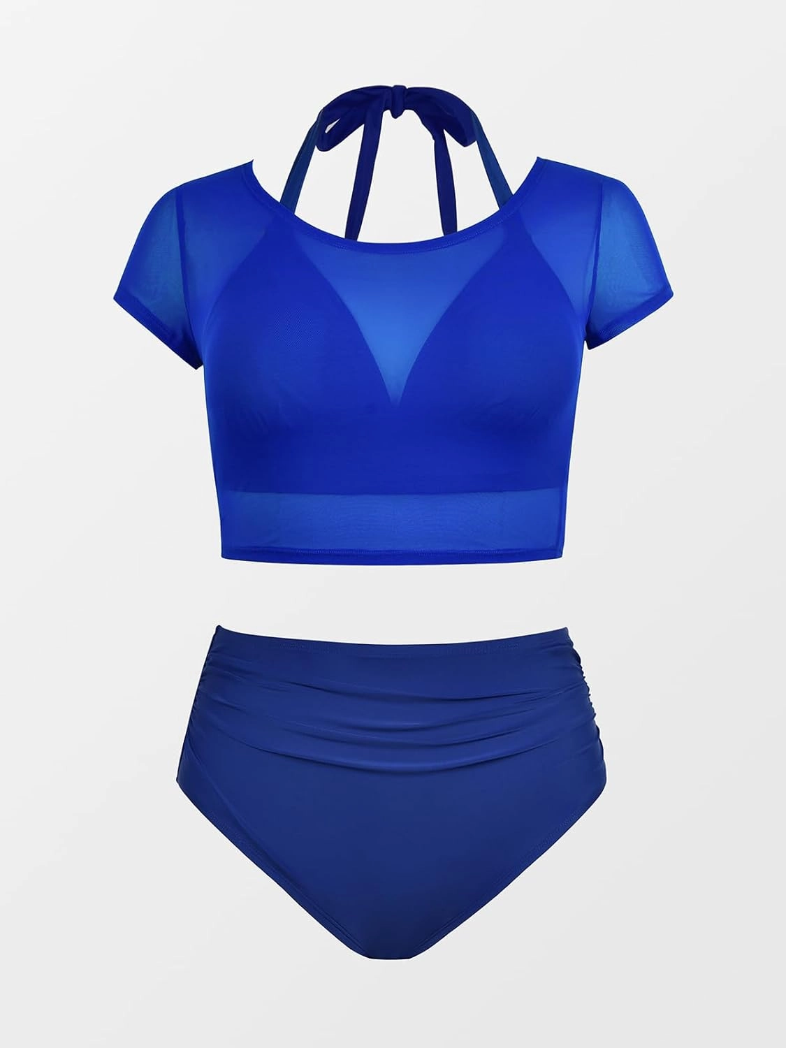 CUPSHE Women Swimsuit Plus Size Bikini Set Three Piece High Waisted Sheer Mesh Top Halter Ruched Bottom