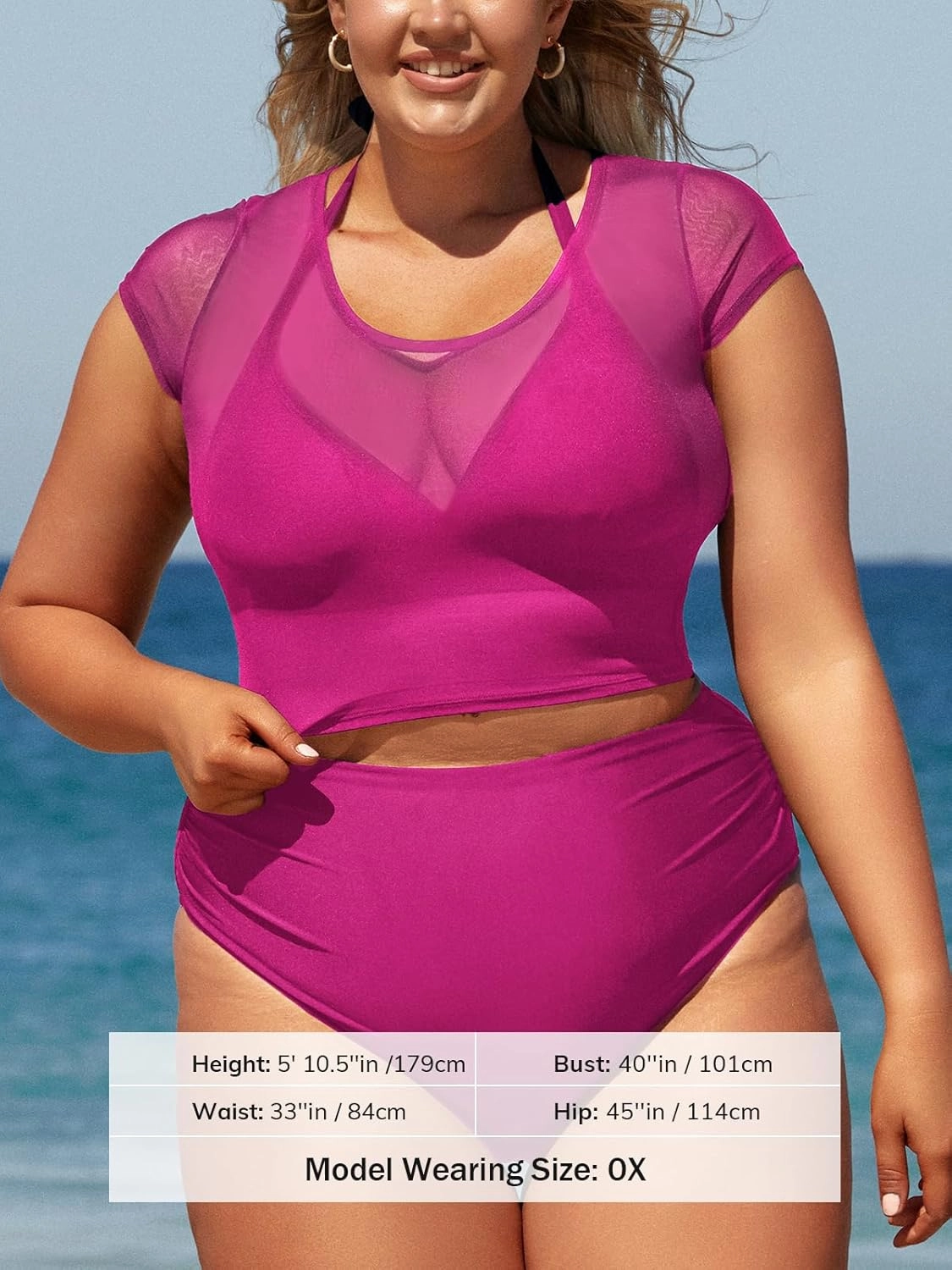 CUPSHE Women Swimsuit Plus Size Bikini Set Three Piece High Waisted Sheer Mesh Top Halter Ruched Bottom