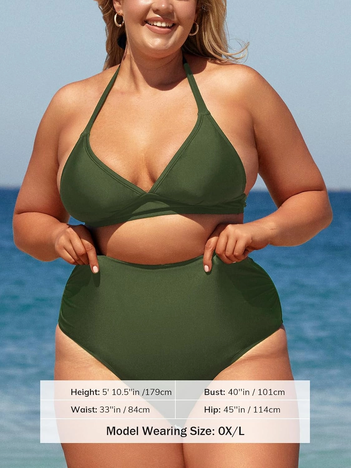 CUPSHE Women Swimsuit Plus Size Bikini Set Three Piece High Waisted Sheer Mesh Top Halter Ruched Bottom