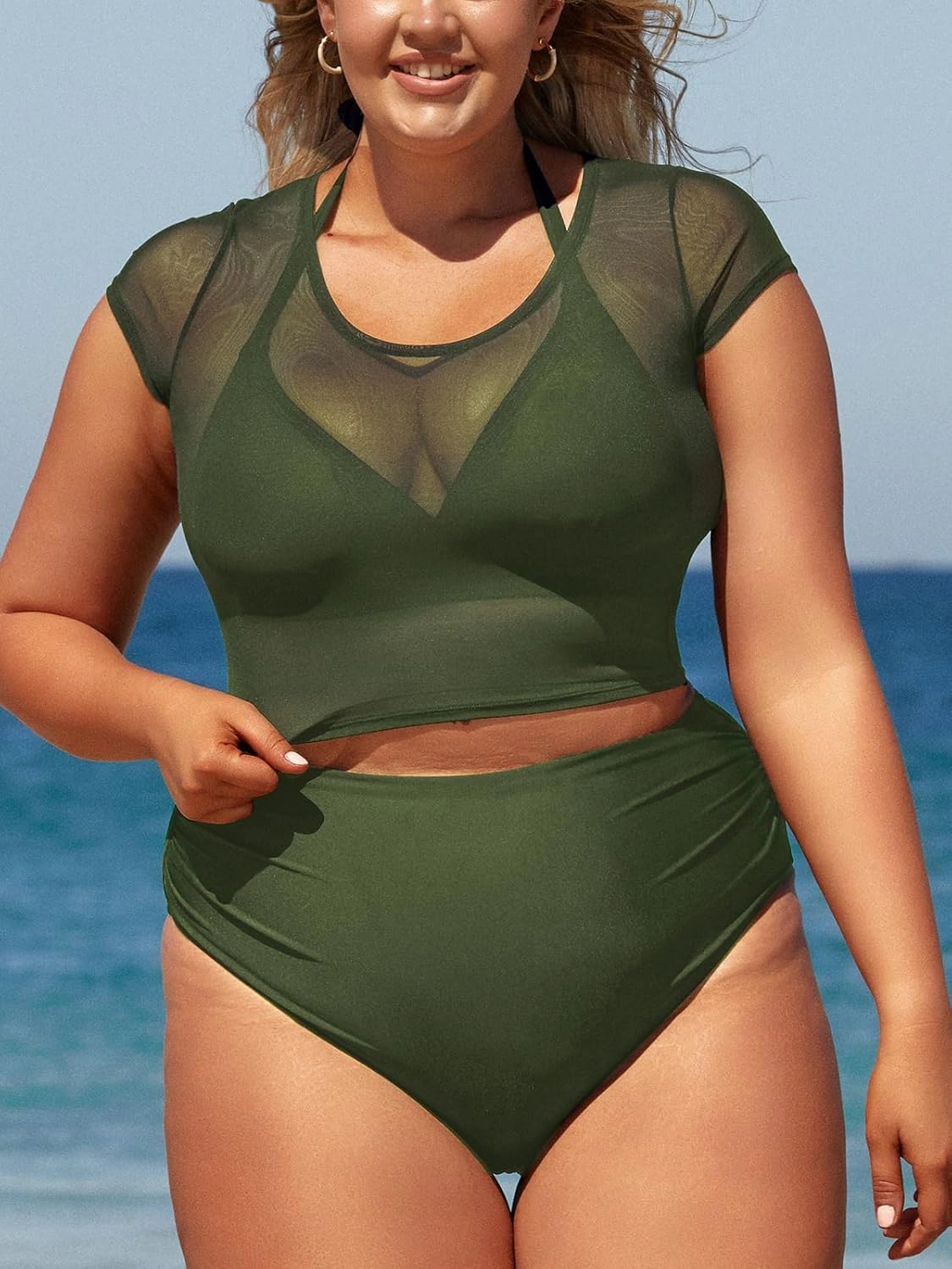 CUPSHE Women Swimsuit Plus Size Bikini Set Three Piece High Waisted Sheer Mesh Top Halter Ruched Bottom