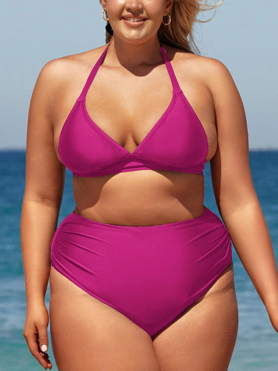 CUPSHE Women Swimsuit Plus Size Bikini Set Three Piece High Waisted Sheer Mesh Top Halter Ruched Bottom