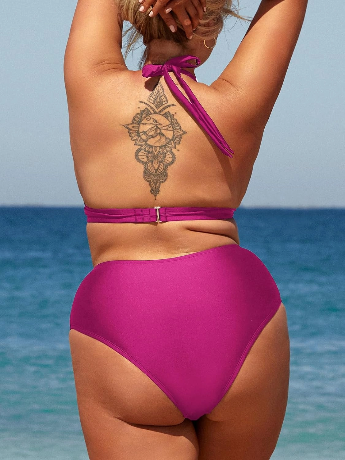 CUPSHE Women Swimsuit Plus Size Bikini Set Three Piece High Waisted Sheer Mesh Top Halter Ruched Bottom
