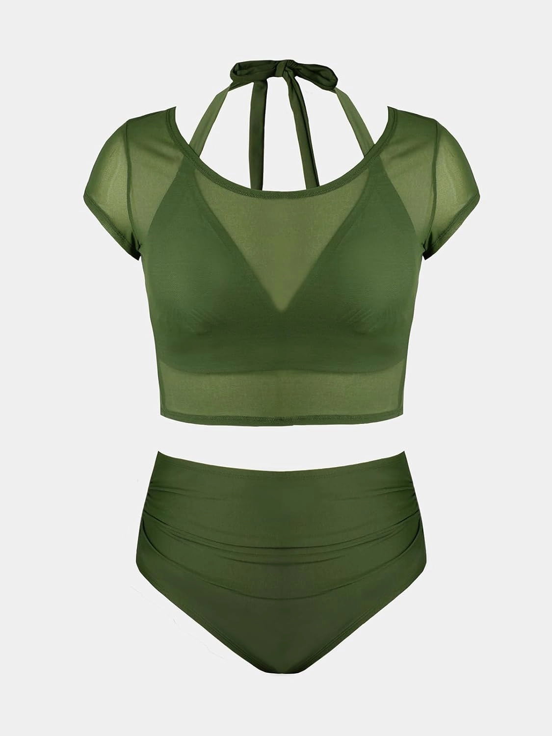 CUPSHE Women Swimsuit Plus Size Bikini Set Three Piece High Waisted Sheer Mesh Top Halter Ruched Bottom
