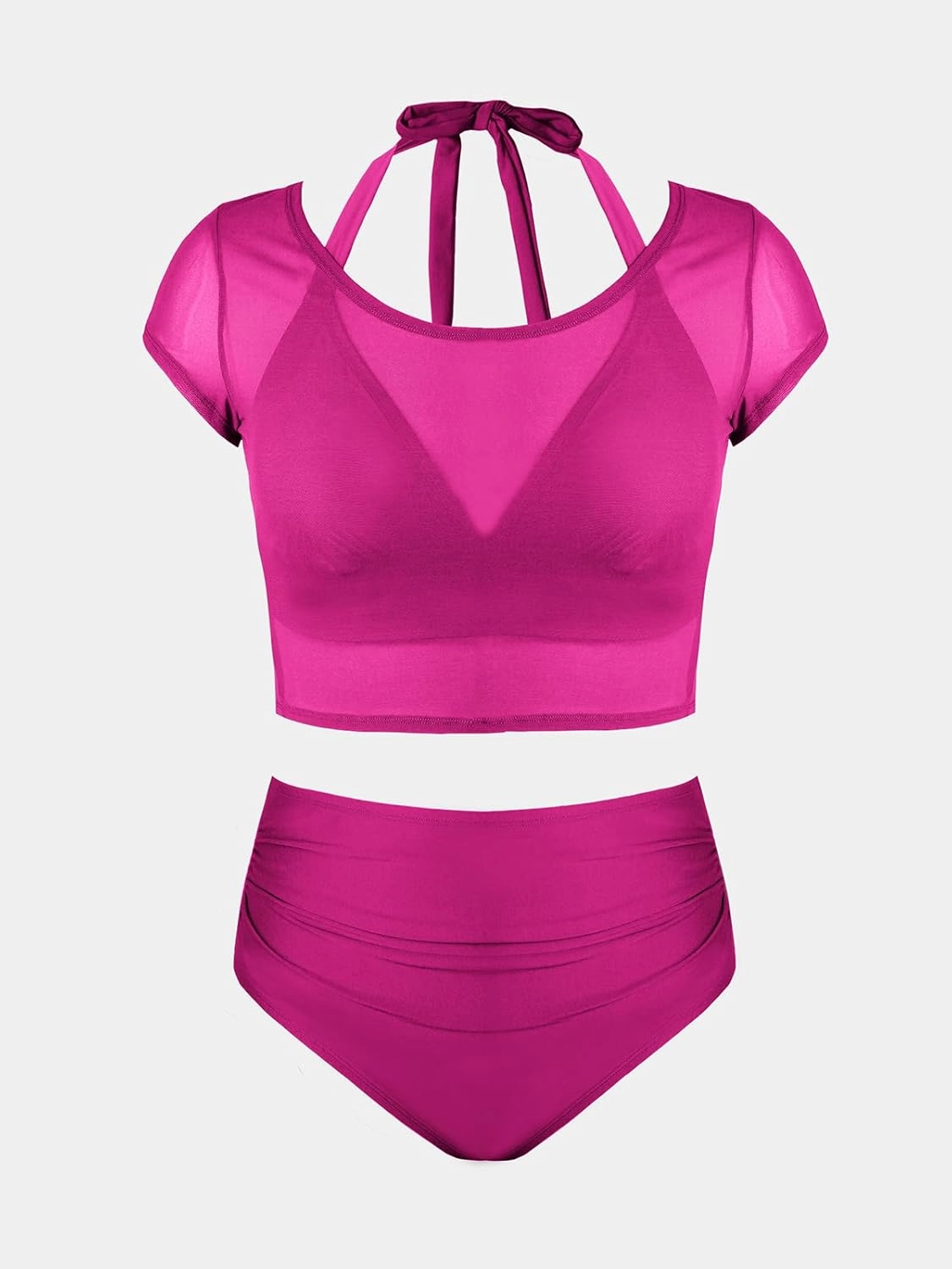 CUPSHE Women Swimsuit Plus Size Bikini Set Three Piece High Waisted Sheer Mesh Top Halter Ruched Bottom
