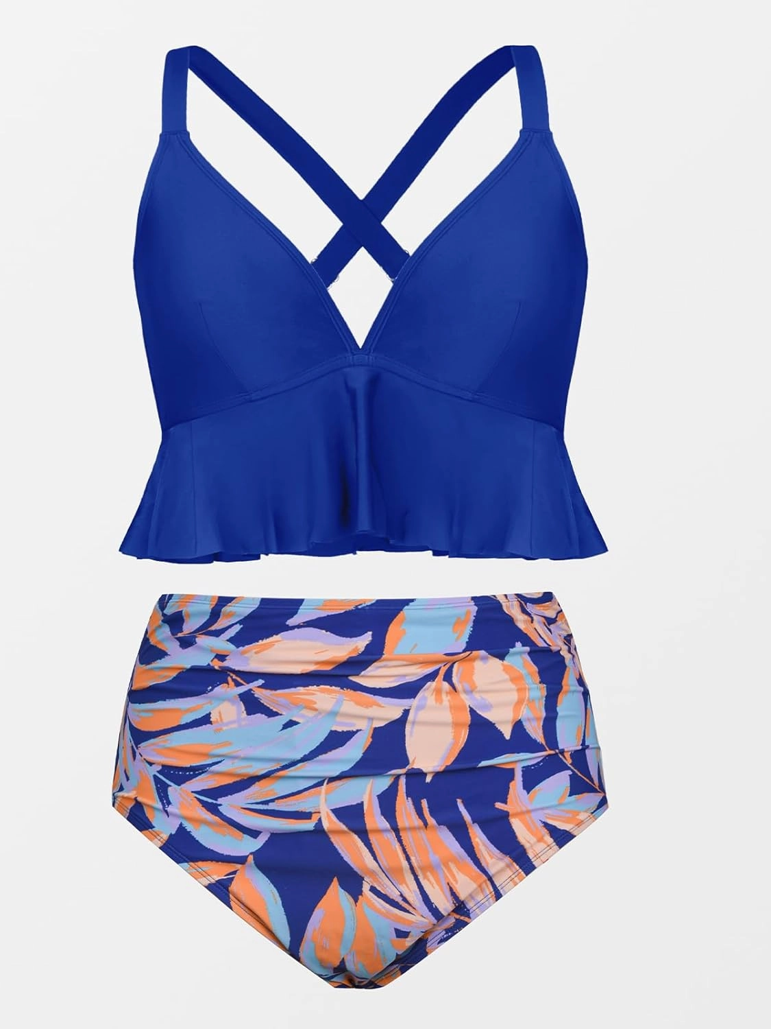 CUPSHE Women Swimsuit Plus Size Bikini Set Two Piece Bathing Suit V Neck High Waisted Flowy Ruffle Hem Floral