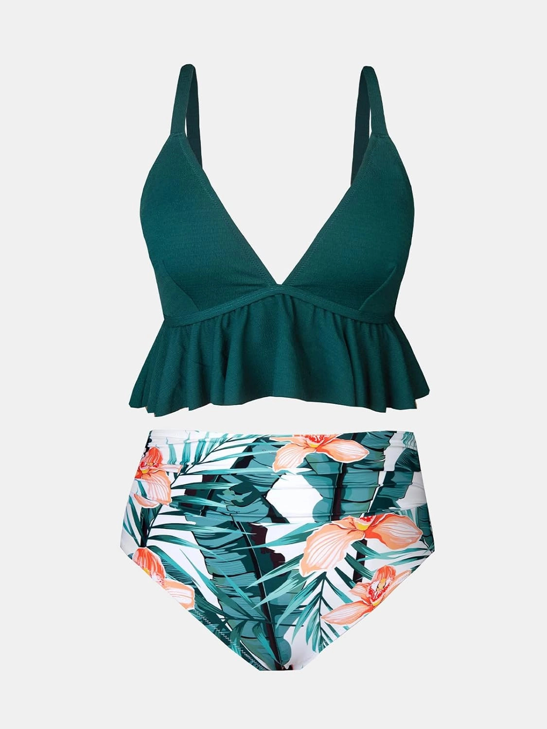 CUPSHE Women Swimsuit Plus Size Bikini Set Two Piece Bathing Suit V Neck High Waisted Flowy Ruffle Hem Floral
