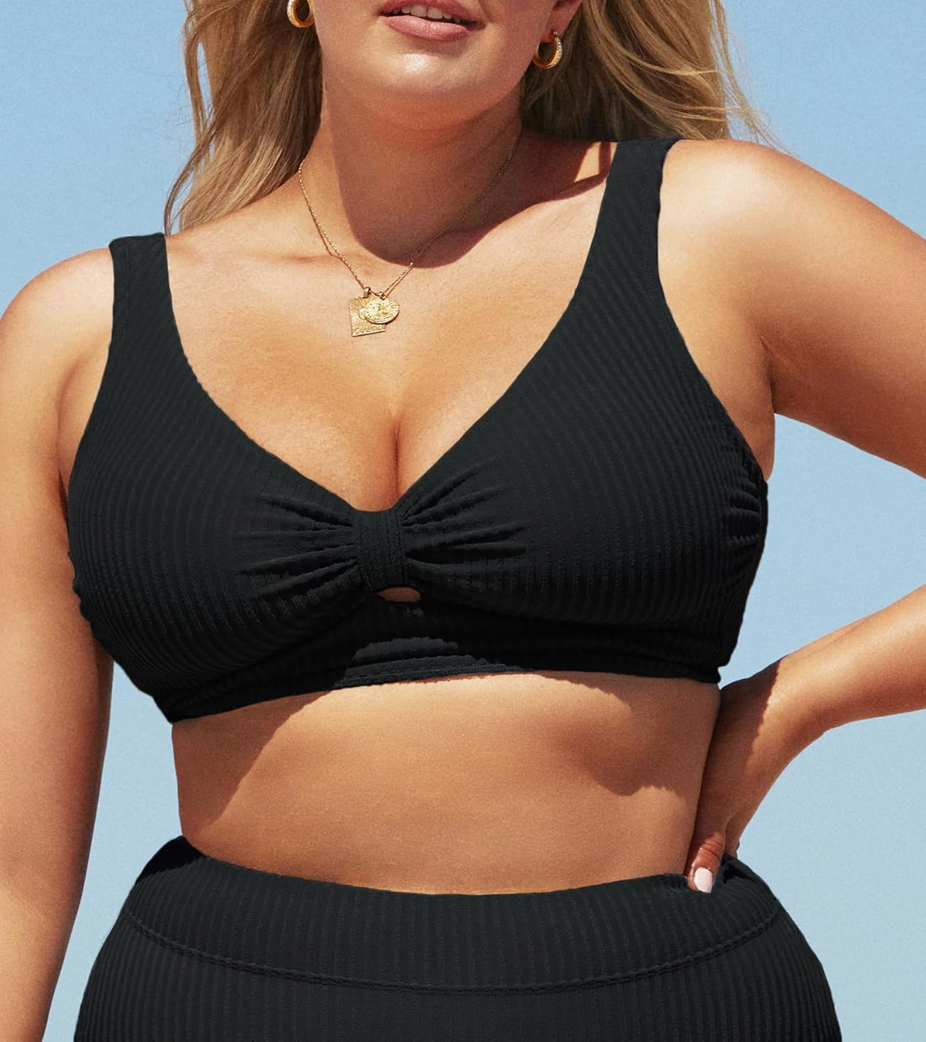 CUPSHE Women Swimsuit Plus Size Bikini Top Ribbed Texture Knotted Front Fixed Wide Straps No Bottom