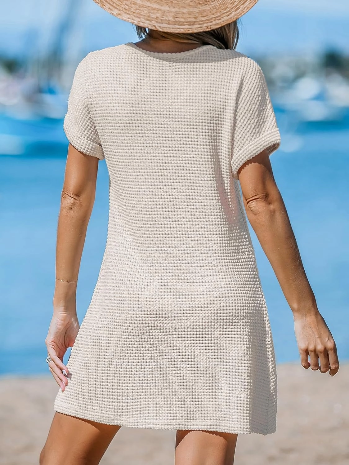 CUPSHE Women Waffle Knit Bathing Suit Cover Up Short Sleeve Twist Hem Swimsuit Coverup for Summer Vacation