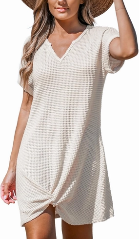 CUPSHE Women Waffle Knit Bathing Suit Cover Up Short Sleeve Twist Hem Swimsuit Coverup for Summer Vacation