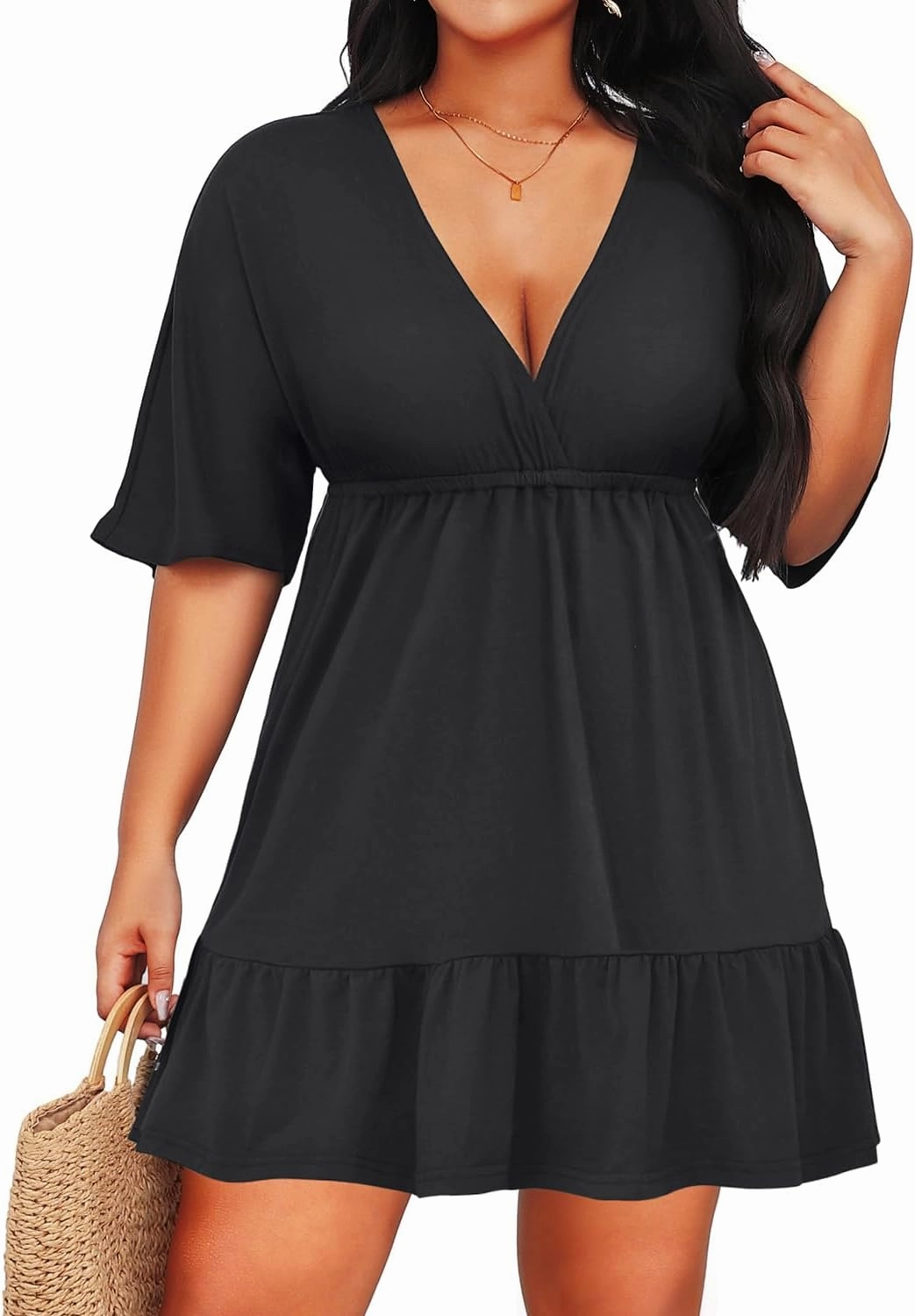 Daci Plus Size Swimsuit Cover Ups - V Neck Bathing Suit Women Short Sleeve Beach Dress