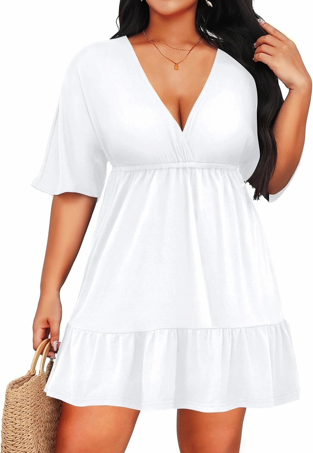 Daci Plus Size Swimsuit Cover Ups - V Neck Bathing Suit Women Short Sleeve Beach Dress