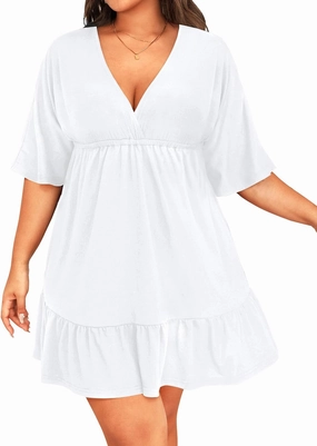 Daci Plus Size Swimsuit Cover Ups - V Neck Bathing Suit Women Short Sleeve Beach Dress